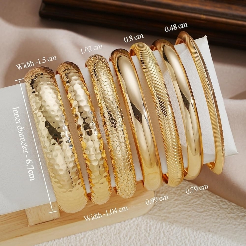 14K Gold Plated Chunky Boho Bangle Stackable Bracelets Set - Picture 7 of 7